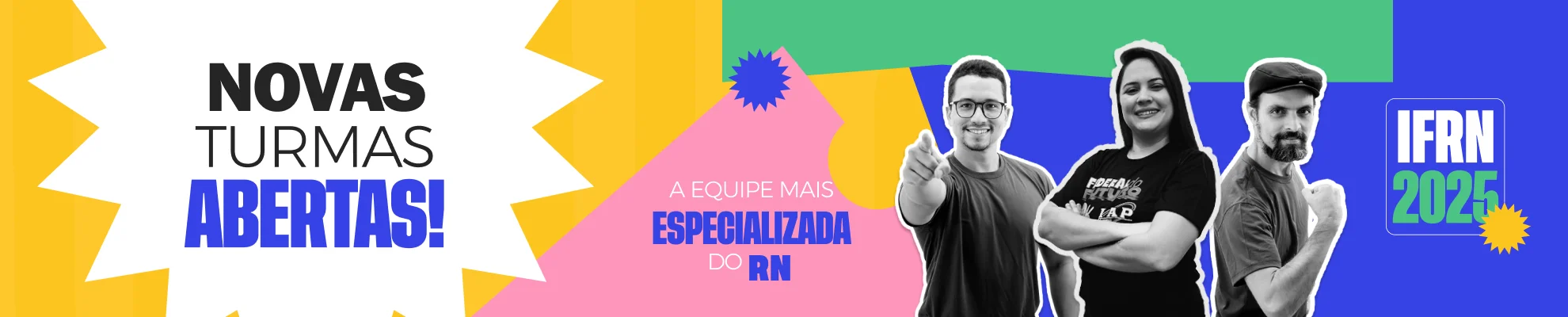 Banner da plataforma do IAP IFRN Online, na esquerda da imagem está escrito 'Turmas IFRN 2024', no meio da imagem estão os professores do IAP IFRN Online junto com 2 textos, o primeiro 'Mais de 3.300 aprovados' e 'A equipe mais especializada do RN'